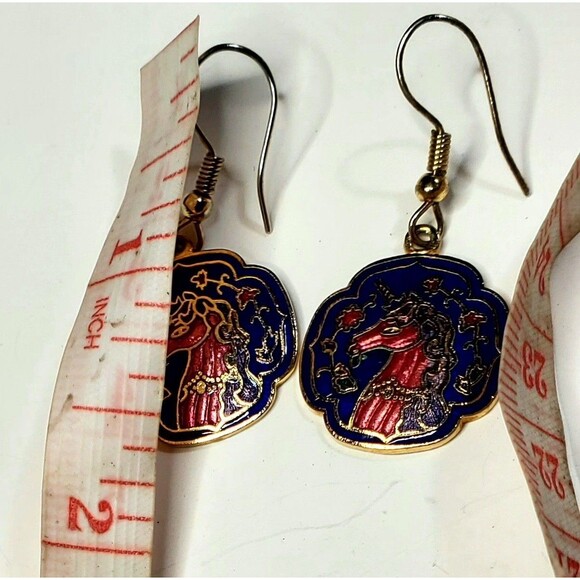 Vtg Cloisonne Enamel Unicorn Dangle Earrings Gold Tone Red Blue Boho Fantasy - Picture 8 of 10